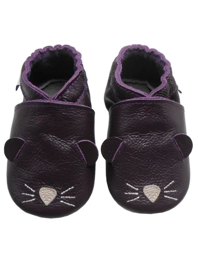 Dunkellila Baby-Leder-Laufschuhe, komfortabel mit rutschfester Sohle -Mäusemotiv>Bemesu Online