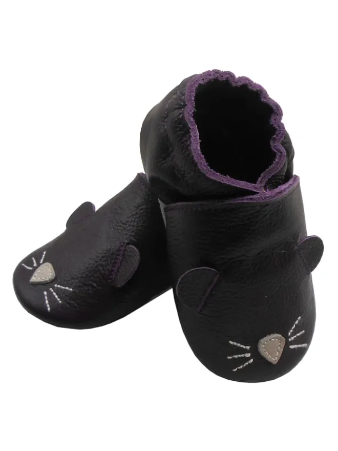 Dunkellila Baby-Leder-Laufschuhe, komfortabel mit rutschfester Sohle -Mäusemotiv>Bemesu Online