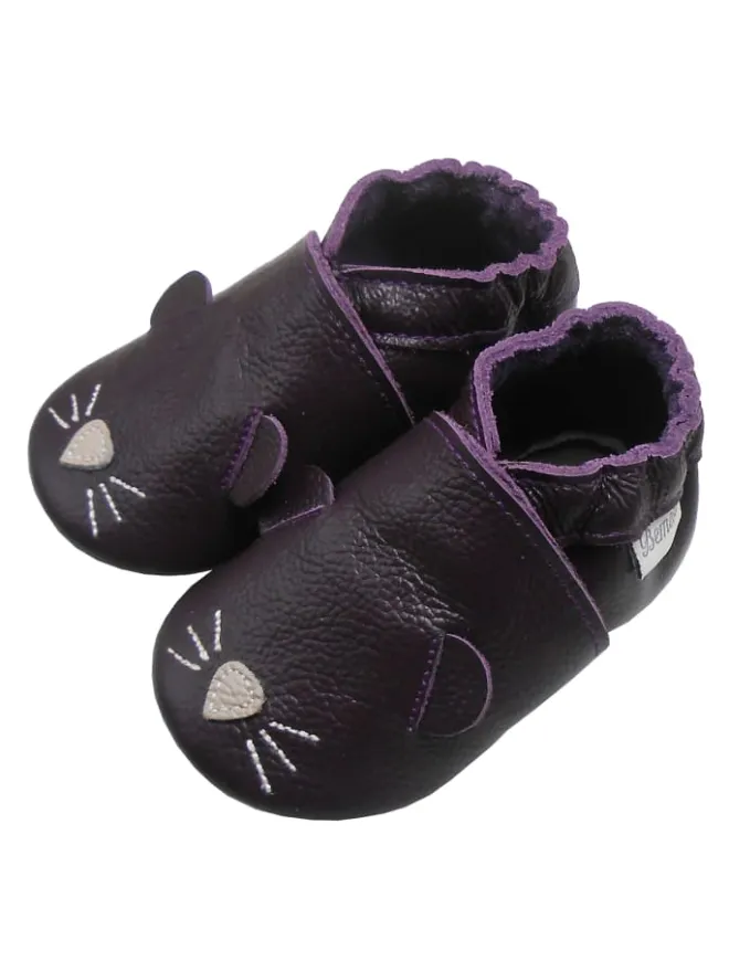 Dunkellila Baby-Leder-Laufschuhe, komfortabel mit rutschfester Sohle -Mäusemotiv>Bemesu Online