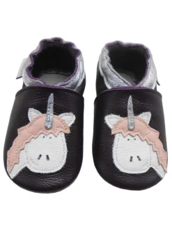 Bemesu Krabbelschuhe^Dunkellila Leder Krabbelschuhe für Babys, rutschfeste Sohle – Einhorn-Muster