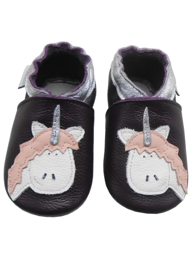 Bemesu Krabbelschuhe^Dunkellila Leder Krabbelschuhe für Babys, rutschfeste Sohle – Einhorn-Muster