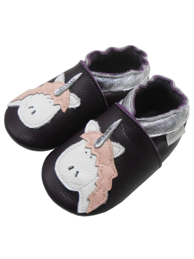Bemesu Krabbelschuhe^Dunkellila Leder Krabbelschuhe für Babys, rutschfeste Sohle – Einhorn-Muster