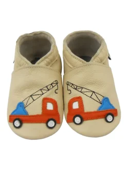 Elfenbeinfarbene Baby-Leder-Laufschuhe, mit rutschfester Sohle - Lastwagenmotiv>Mepiq Hot