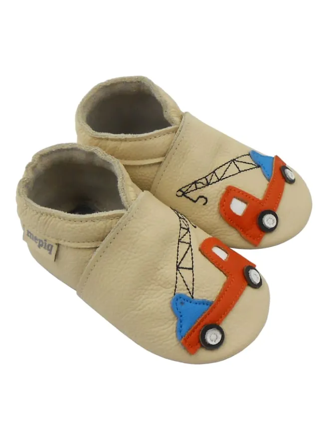 Elfenbeinfarbene Baby-Leder-Laufschuhe, mit rutschfester Sohle - Lastwagenmotiv>Mepiq Hot
