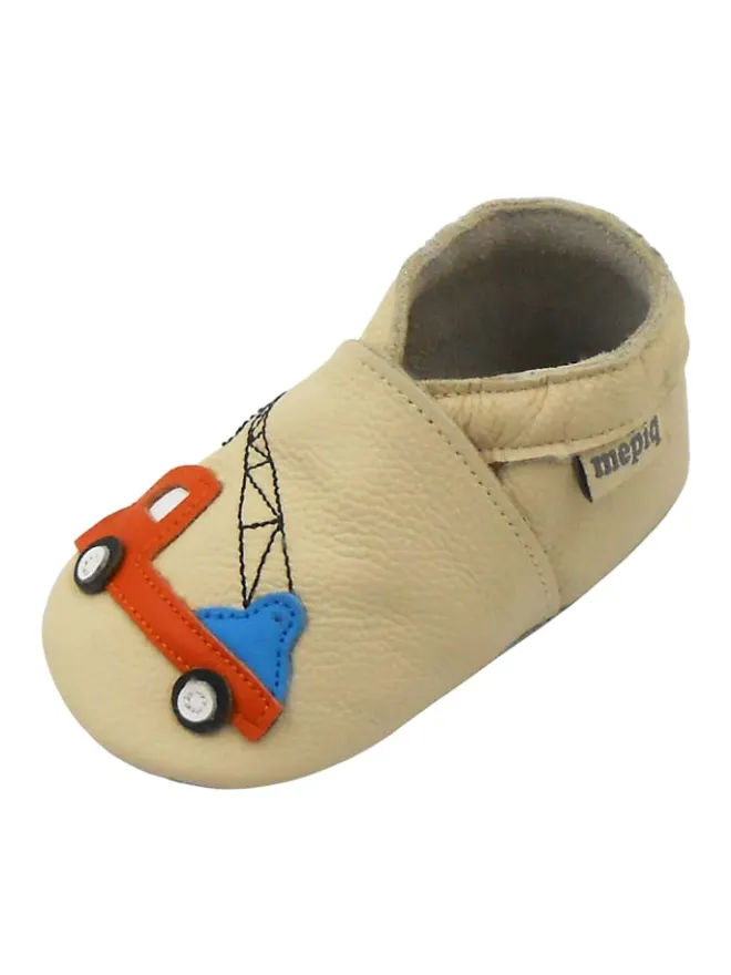 Elfenbeinfarbene Baby-Leder-Laufschuhe, mit rutschfester Sohle - Lastwagenmotiv>Mepiq Hot