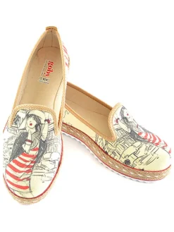 Goby Halbschuhe^Espadrilles in Beige/ Schwarz/ Rot