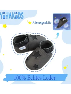 Grau Baby Leder Krabbelschuhe, mit rutschfester Sohle – Sternenmuster>Yihakids Best