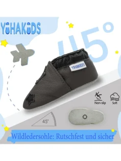 Grau Baby Leder Krabbelschuhe, mit rutschfester Sohle – Sternenmuster><noscript><img width=