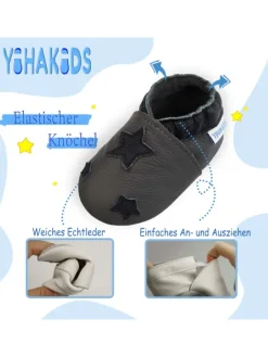 Grau Baby Leder Krabbelschuhe, mit rutschfester Sohle – Sternenmuster><noscript><img width=