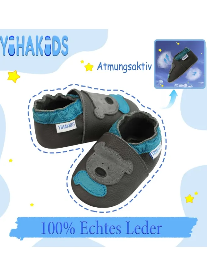Yihakids Krabbelschuhe^Grau Baby Leder Krabbelschuhe, mit rutschfester Sohle – Bären-Muster