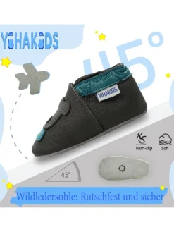 Yihakids Krabbelschuhe^Grau Baby Leder Krabbelschuhe, mit rutschfester Sohle – Bären-Muster