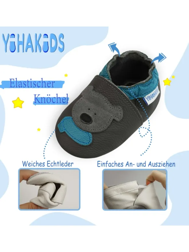 Yihakids Krabbelschuhe^Grau Baby Leder Krabbelschuhe, mit rutschfester Sohle – Bären-Muster