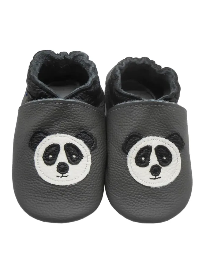 Grau Baby Leder Krabbelschuhe, mit rutschfester Sohle – Panda-Muster>Yihakids Online