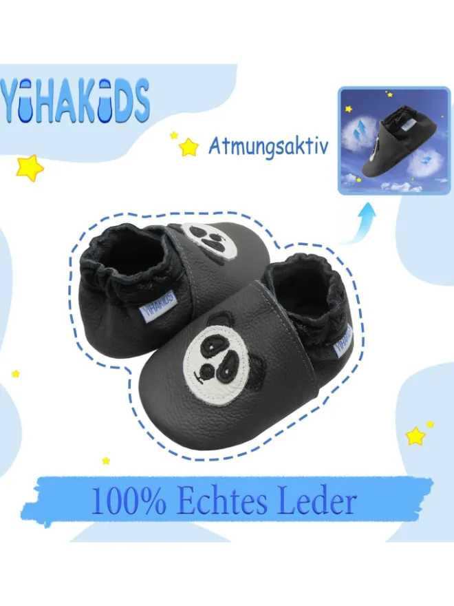Grau Baby Leder Krabbelschuhe, mit rutschfester Sohle – Panda-Muster>Yihakids Online