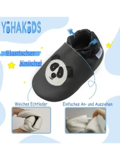Grau Baby Leder Krabbelschuhe, mit rutschfester Sohle – Panda-Muster><noscript><img width=