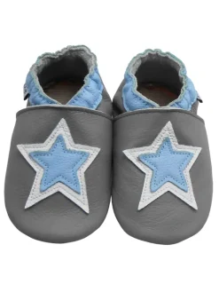 Mejale Krabbelschuhe^Graue Baby-Laufanfänger aus echtem Leder, rutschfeste Sohlen – Sternmuster