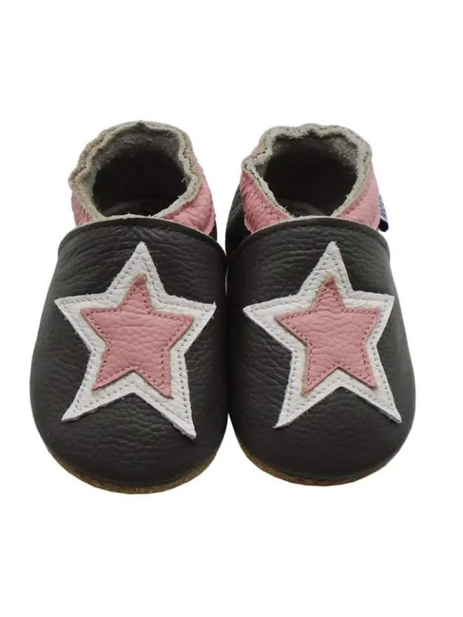 Mejale Krabbelschuhe^Graue Baby-Laufschuhe aus echtem Lede,rutschfester, weicher Sohle–Sternmuster