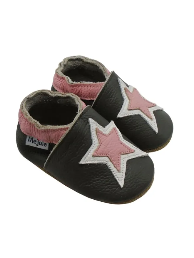 Mejale Krabbelschuhe^Graue Baby-Laufschuhe aus echtem Lede,rutschfester, weicher Sohle–Sternmuster