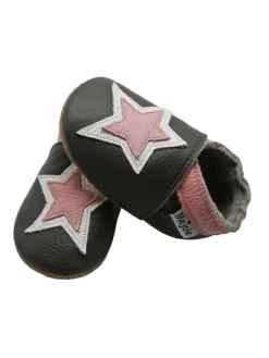 Mejale Krabbelschuhe^Graue Baby-Laufschuhe aus echtem Lede,rutschfester, weicher Sohle–Sternmuster