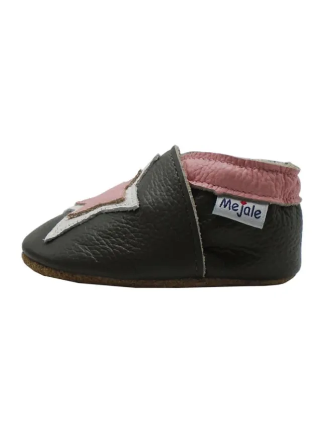 Mejale Krabbelschuhe^Graue Baby-Laufschuhe aus echtem Lede,rutschfester, weicher Sohle–Sternmuster