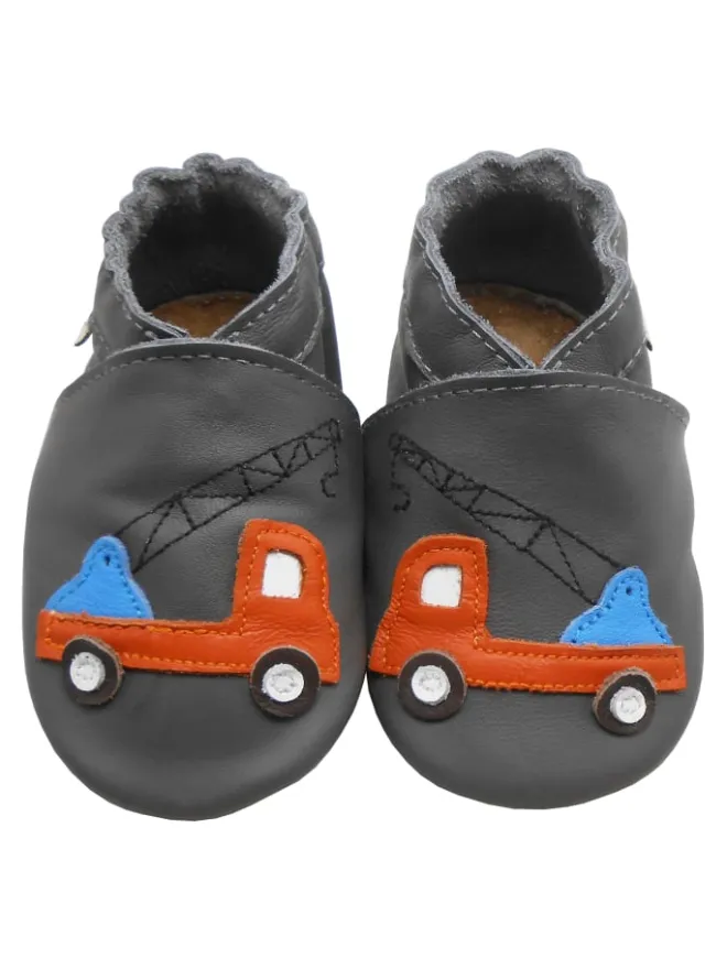 Graue Baby-Leder-Laufschuhe, komfortabel mit rutschfester Sohle - Lastwagenmotiv>Mepiq New