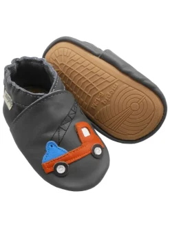 Graue Baby-Leder-Laufschuhe, komfortabel mit rutschfester Sohle - Lastwagenmotiv>Mepiq New