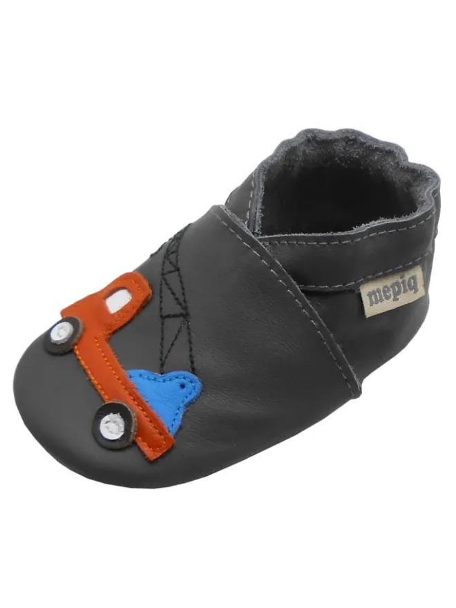 Graue Baby-Leder-Laufschuhe, komfortabel mit rutschfester Sohle - Lastwagenmotiv>Mepiq New