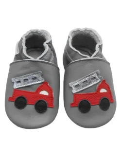 Graue Baby-Leder-Laufschuhe, komfortabel mit rutschfester Sohle - Lastwagenmotiv>Bemesu Outlet