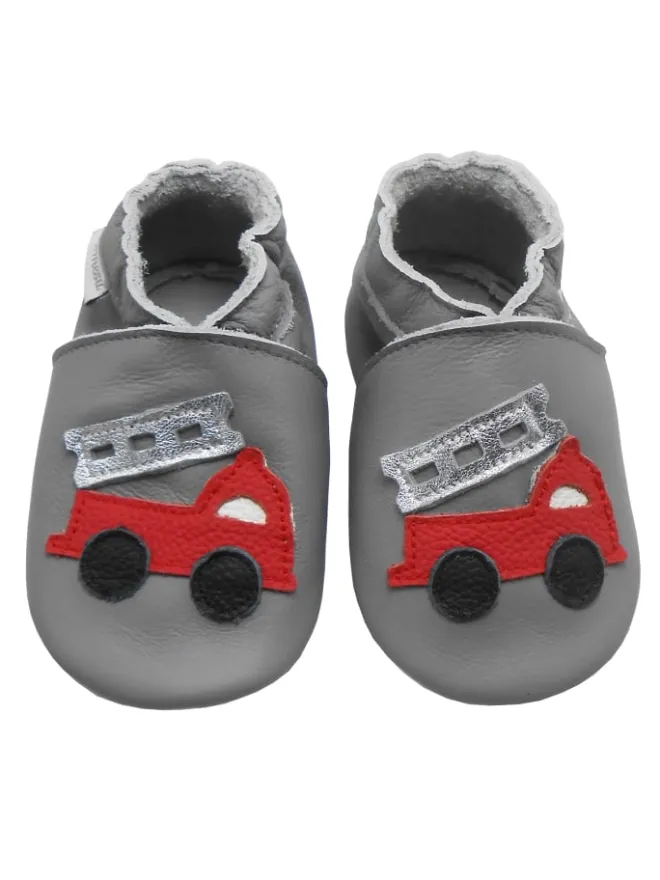 Graue Baby-Leder-Laufschuhe, komfortabel mit rutschfester Sohle - Lastwagenmotiv>Bemesu Outlet