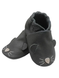 Bemesu Krabbelschuhe^Graue Baby-Leder-Laufschuhe, komfortabel mit rutschfester Sohle - Mäusemuster