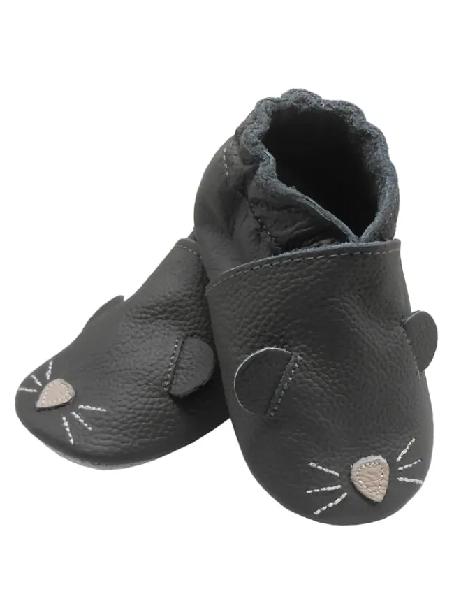 Bemesu Krabbelschuhe^Graue Baby-Leder-Laufschuhe, komfortabel mit rutschfester Sohle - Mäusemuster
