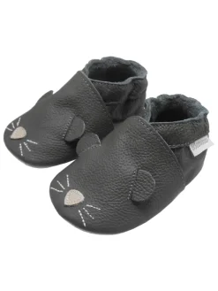 Bemesu Krabbelschuhe^Graue Baby-Leder-Laufschuhe, komfortabel mit rutschfester Sohle - Mäusemuster