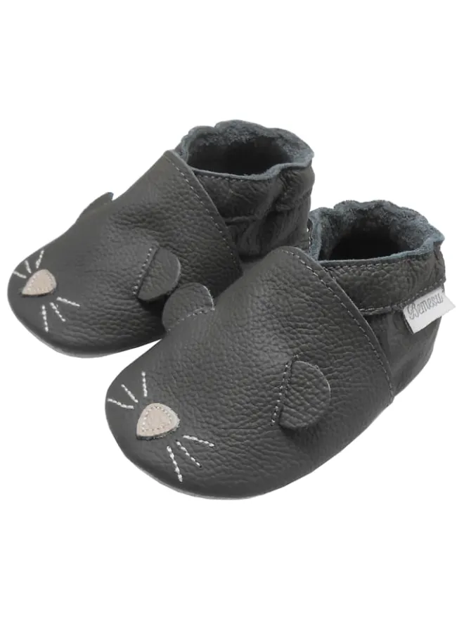 Bemesu Krabbelschuhe^Graue Baby-Leder-Laufschuhe, komfortabel mit rutschfester Sohle - Mäusemuster