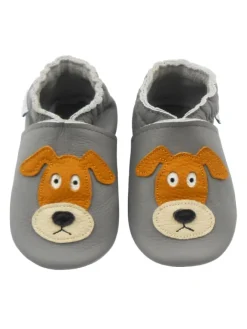 Basrakids Krabbelschuhe^Graue Baby-Leder-Laufschuhe, komfortabel mit rutschfester Sohle - mit Hundemotiv