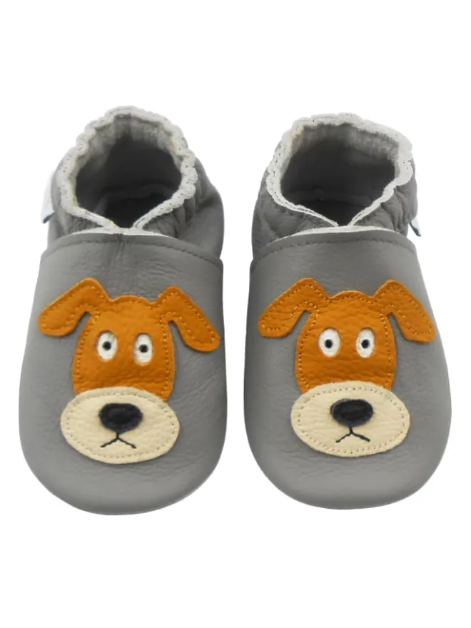 Basrakids Krabbelschuhe^Graue Baby-Leder-Laufschuhe, komfortabel mit rutschfester Sohle - mit Hundemotiv
