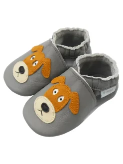Basrakids Krabbelschuhe^Graue Baby-Leder-Laufschuhe, komfortabel mit rutschfester Sohle - mit Hundemotiv