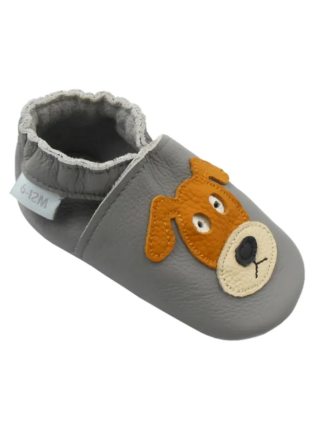 Basrakids Krabbelschuhe^Graue Baby-Leder-Laufschuhe, komfortabel mit rutschfester Sohle - mit Hundemotiv