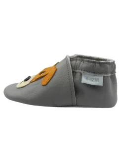 Basrakids Krabbelschuhe^Graue Baby-Leder-Laufschuhe, komfortabel mit rutschfester Sohle - mit Hundemotiv