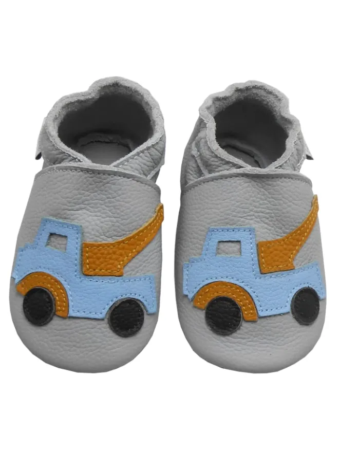 Bemesu Krabbelschuhe^Graue Baby-Leder-Laufschuhe, komfortabel mit rutschfester Sohle - Lastwagenmotiv