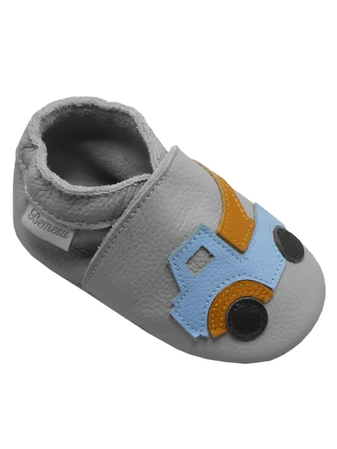 Bemesu Krabbelschuhe^Graue Baby-Leder-Laufschuhe, komfortabel mit rutschfester Sohle - Lastwagenmotiv