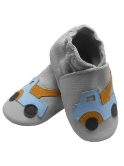 Bemesu Krabbelschuhe^Graue Baby-Leder-Laufschuhe, komfortabel mit rutschfester Sohle - Lastwagenmotiv