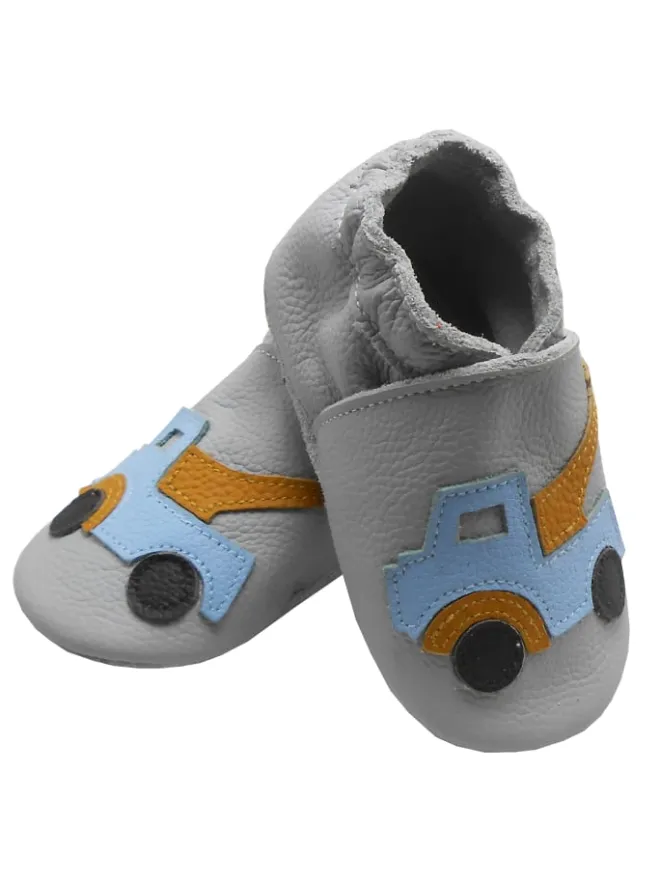 Bemesu Krabbelschuhe^Graue Baby-Leder-Laufschuhe, komfortabel mit rutschfester Sohle - Lastwagenmotiv
