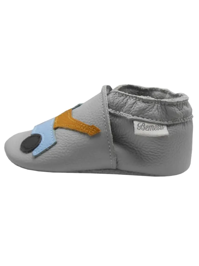 Bemesu Krabbelschuhe^Graue Baby-Leder-Laufschuhe, komfortabel mit rutschfester Sohle - Lastwagenmotiv