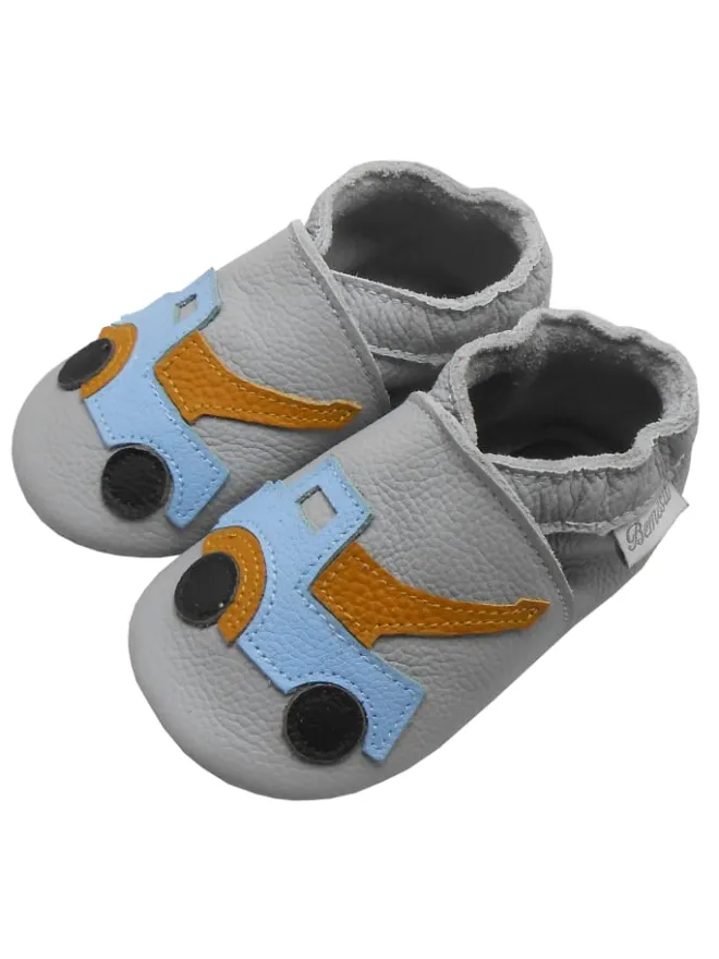 Bemesu Krabbelschuhe^Graue Baby-Leder-Laufschuhe, komfortabel mit rutschfester Sohle - Lastwagenmotiv