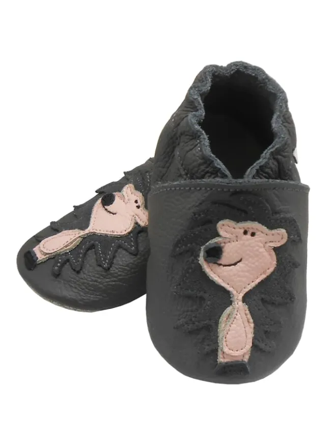 Bemesu Krabbelschuhe^Graue Leder Krabbelschuhe für Babys mit rutschfester Sohle – Löwen-Muster