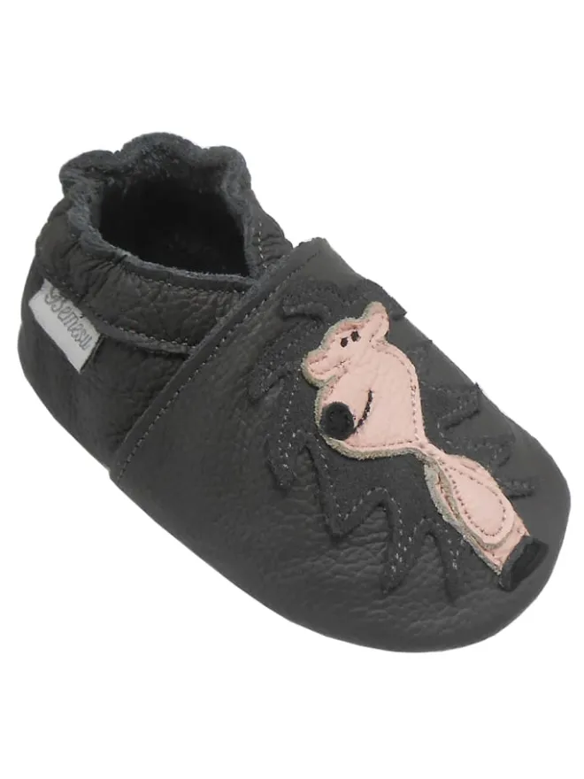 Bemesu Krabbelschuhe^Graue Leder Krabbelschuhe für Babys mit rutschfester Sohle – Löwen-Muster
