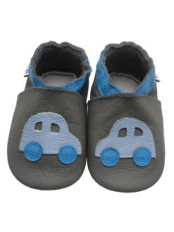 Yalion Krabbelschuhe^Graue Leder-Baby-Lauflernschuhe mit rutschfester Sohle – Blaue Auto-Muster