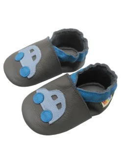 Yalion Krabbelschuhe^Graue Leder-Baby-Lauflernschuhe mit rutschfester Sohle – Blaue Auto-Muster