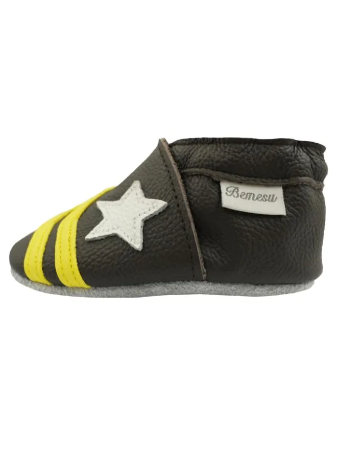 Bemesu Krabbelschuhe^Hellbraune Baby-Leder-Erste Schritte Schuhe, rutschfeste Sohlen – Meteor-Muster