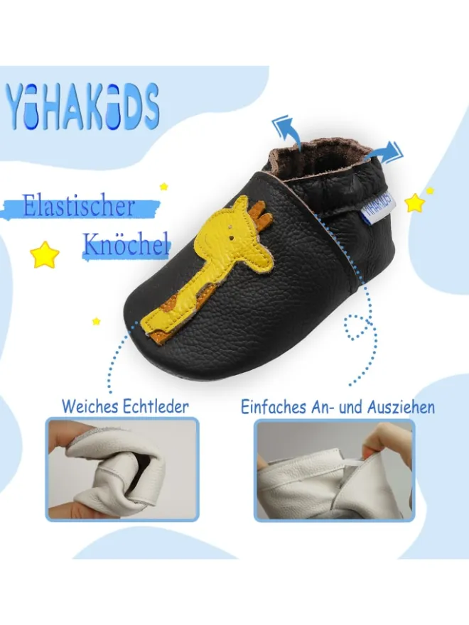 Hellbraune Baby-Leder-Laufanfänger mit rutschfester Sohle – Giraffenmuster>Yihakids Discount